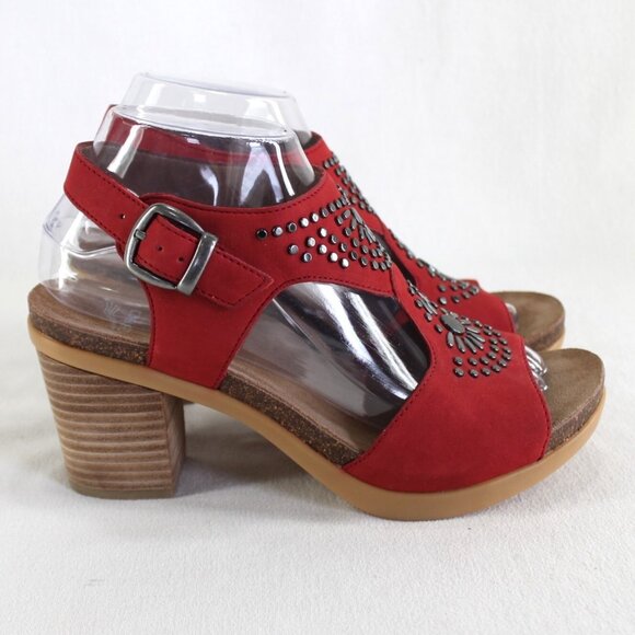 Dansko Deandra Sandals Womens Size 38 US 8 Red Studded Leather Block Heel - Picture 5 of 11